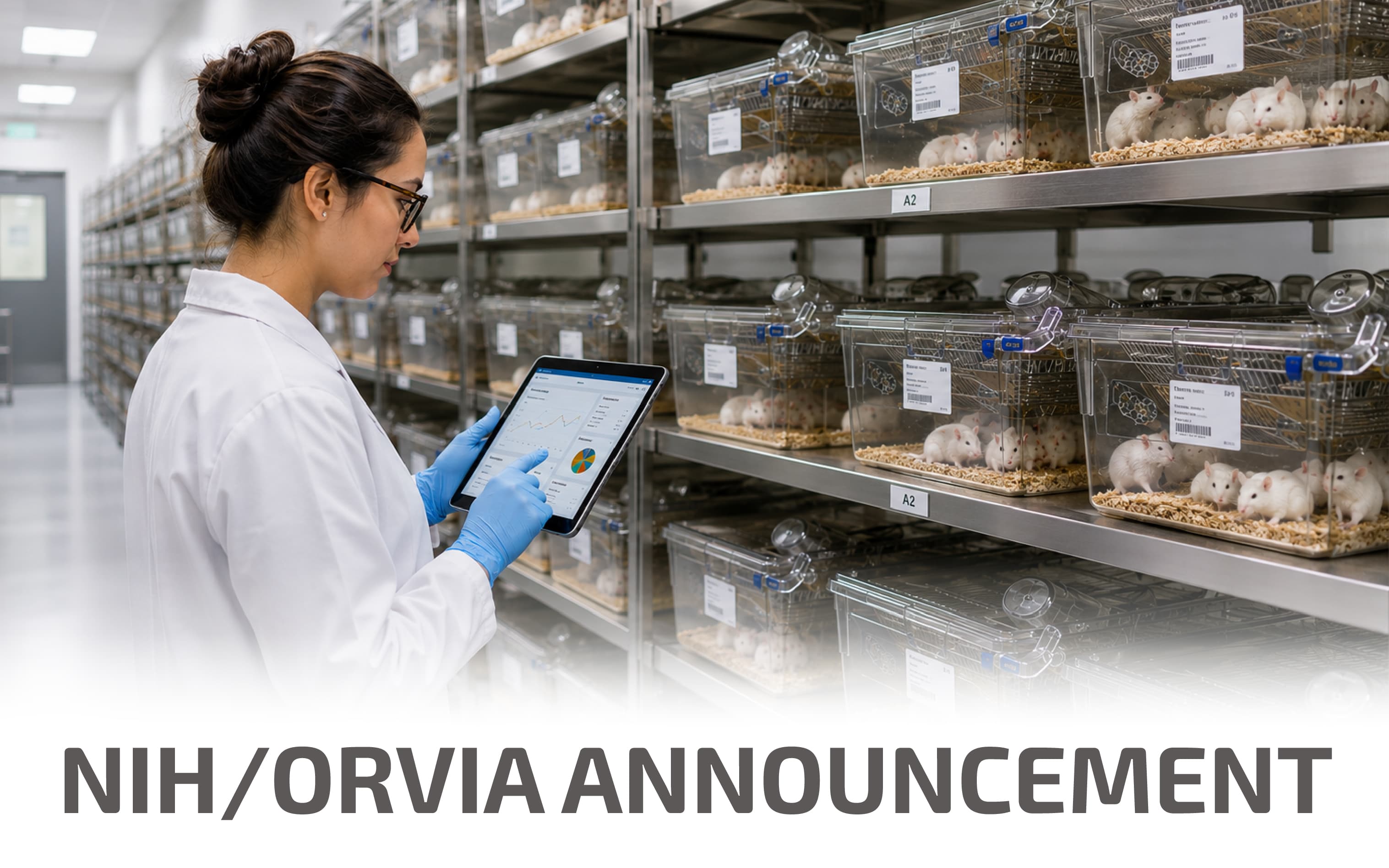 Scientist in lab coat and gloves using tablet in a lab with rows of cages. Text reads "NIH/ORVIA ANNOUNCEMENT."