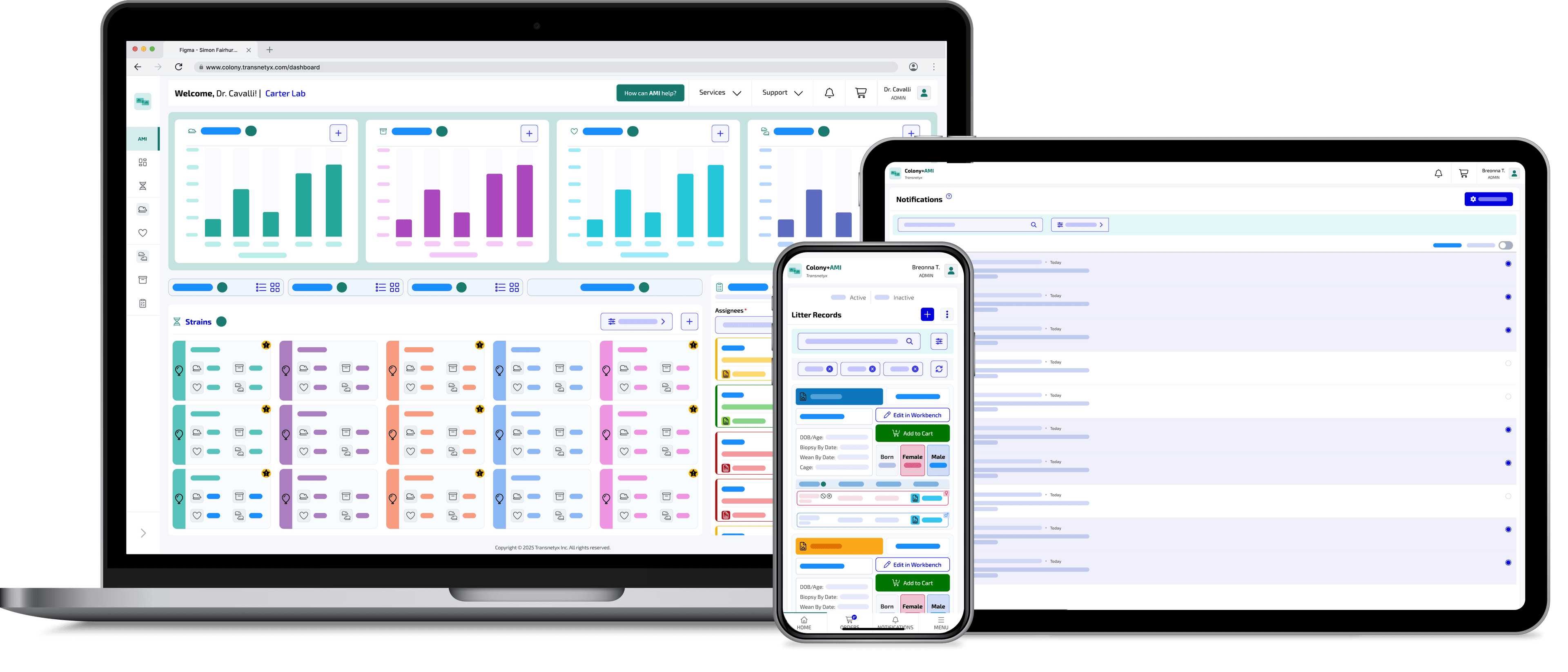 Promotional mockup of a laboratory management software interface displayed across a desktop monitor, tablet, and smartphone. The screens show dashboards with bar charts for mice, cages, breedings, and litters; a grid of color-coded strain cards; litter records; and a notifications panel. The interface uses a clean white layout with teal, purple, and blue accents, demonstrating responsive design across devices.